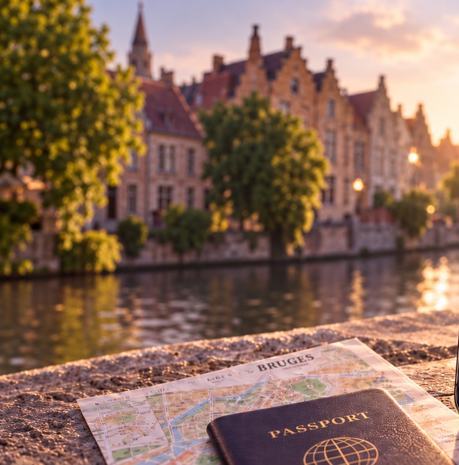 Bruges at sunset: gabled houses along the canal, with a city map and a passport on the quay wall