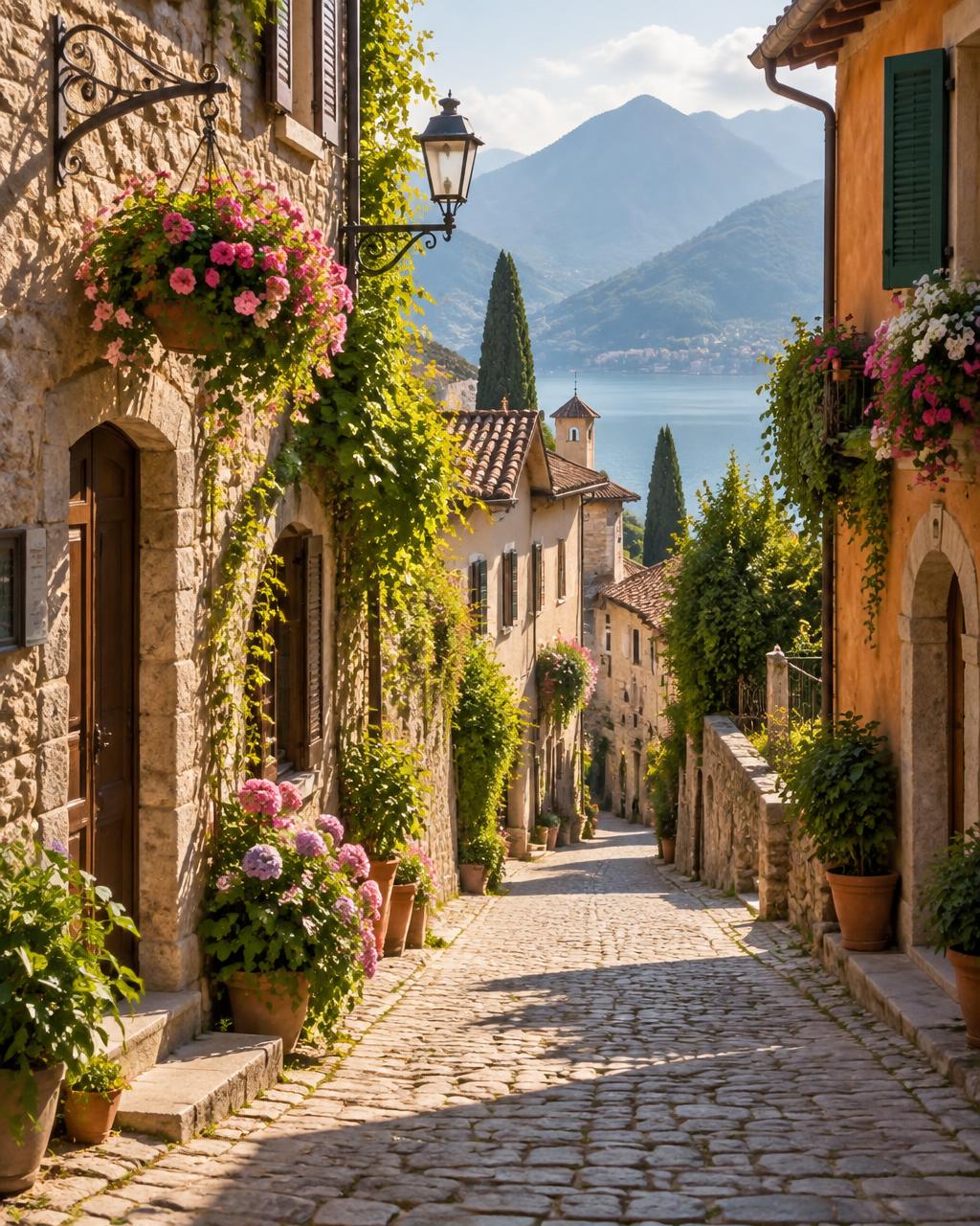 A flower-lined street overlooking a lake